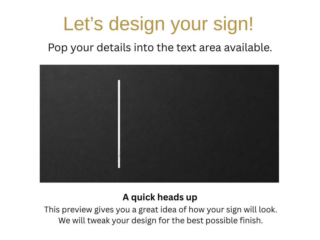 Matte black face preview for The Coolum illuminated house number and street name sign, with the lit vertical rule, ready for you to add your address.