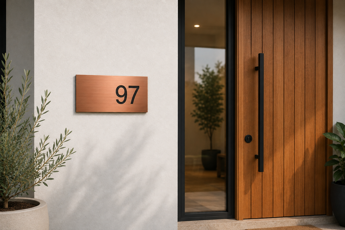 stunning formal looking house number plaque, brushed copper on the wall of a modern house