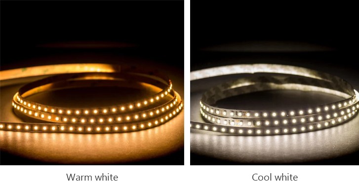 LED strip lit in warm white beside LED strip lit in cool white, the two light colours available for an illuminated house sign.
