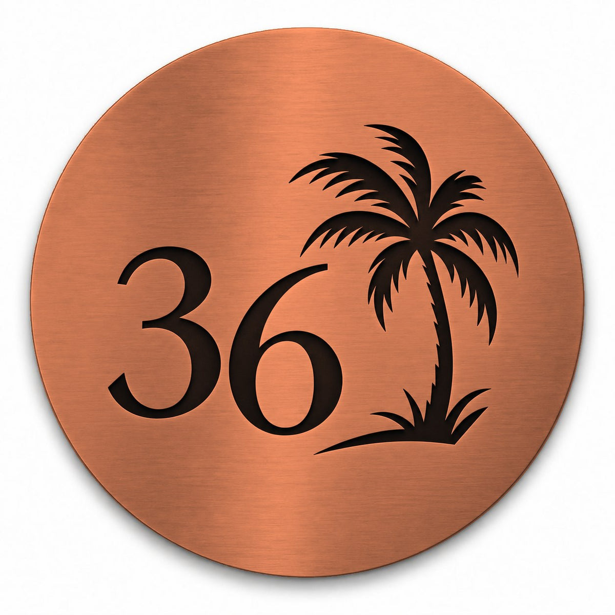 Brushed copper round house number sign with the number 36 and a palm tree cut through to black, The Mooloolaba style, on a plain white background.
