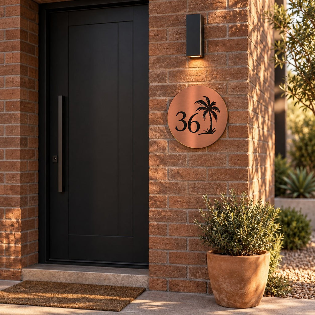 Brushed copper round house number sign with the number 36 and a palm tree cut through to black, The Mooloolaba style, on a red brick wall under a wall light.