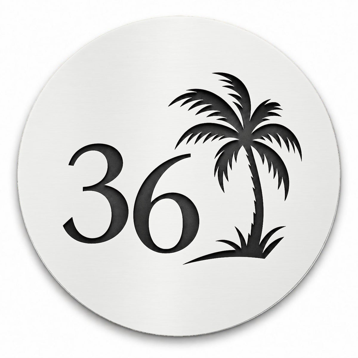 Matte white round house number sign with the number 36 and a palm tree cut through to black, The Mooloolaba style, on a plain white background.