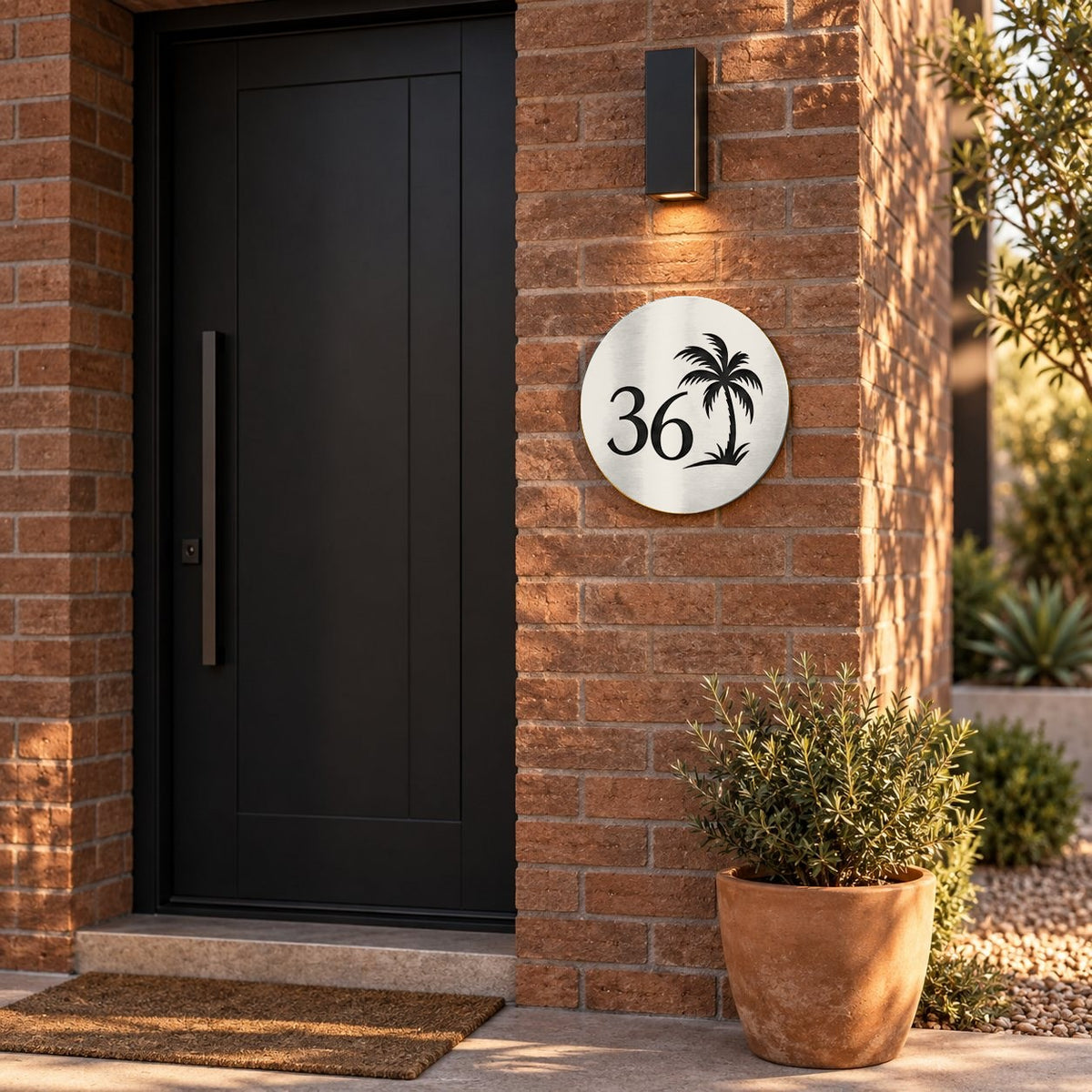 Matte white round house number sign with the number 36 and a palm tree cut through to black, The Mooloolaba style, on a red brick wall under a wall light.