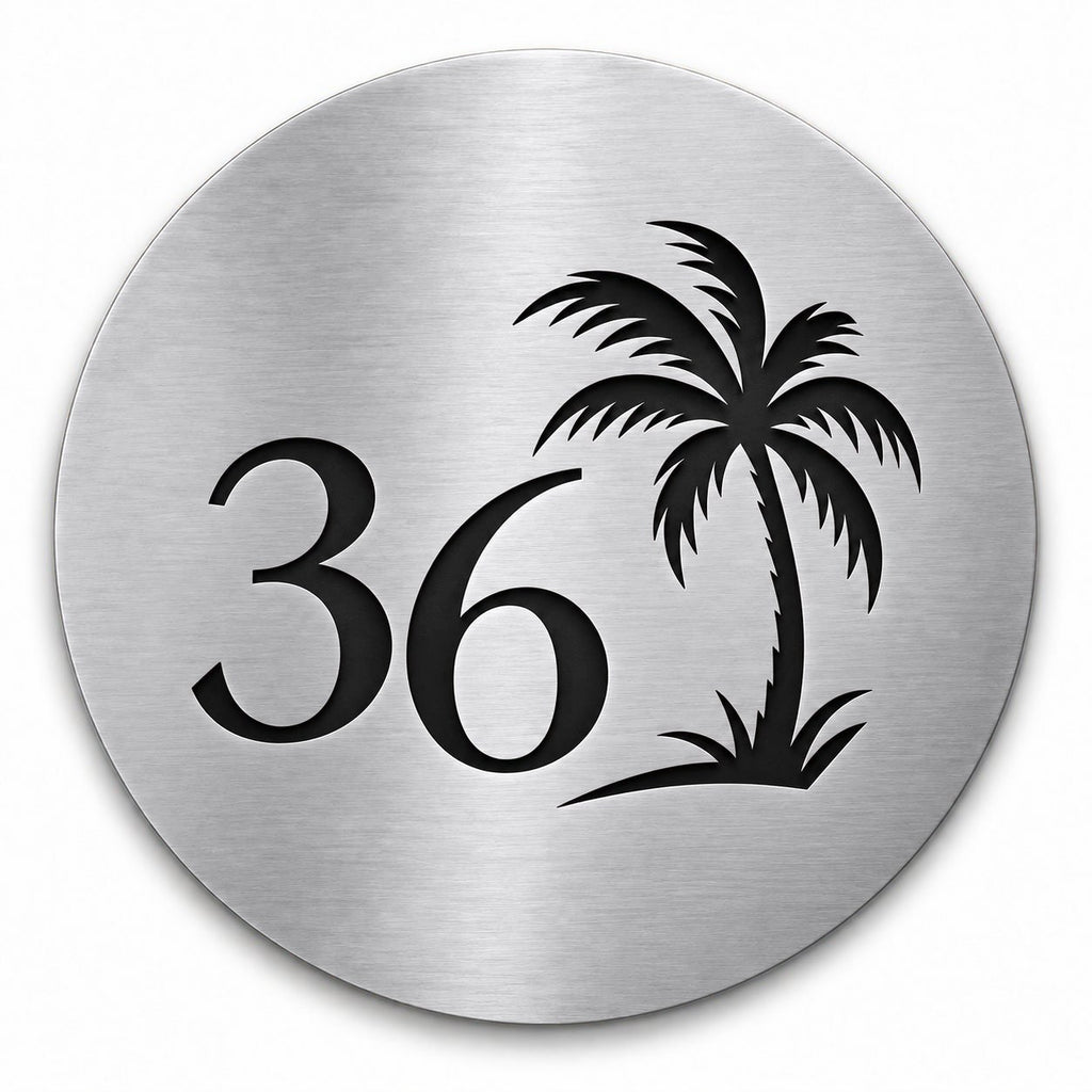 Brushed silver round house number sign with the number 36 and a palm tree cut through to black, The Mooloolaba style, on a plain white background.