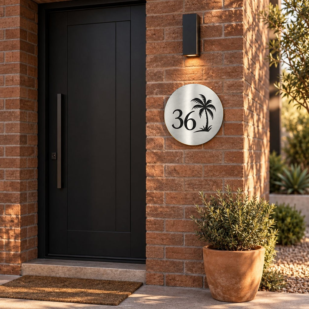 Brushed silver round house number sign with the number 36 and a palm tree cut through to black, The Mooloolaba style, on a red brick wall under a wall light.