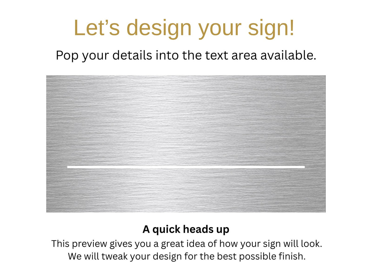 Brushed silver face preview with a brushed metal look, for The Noosa illuminated house number and street name sign, with the lit rule, ready for you to add your address.