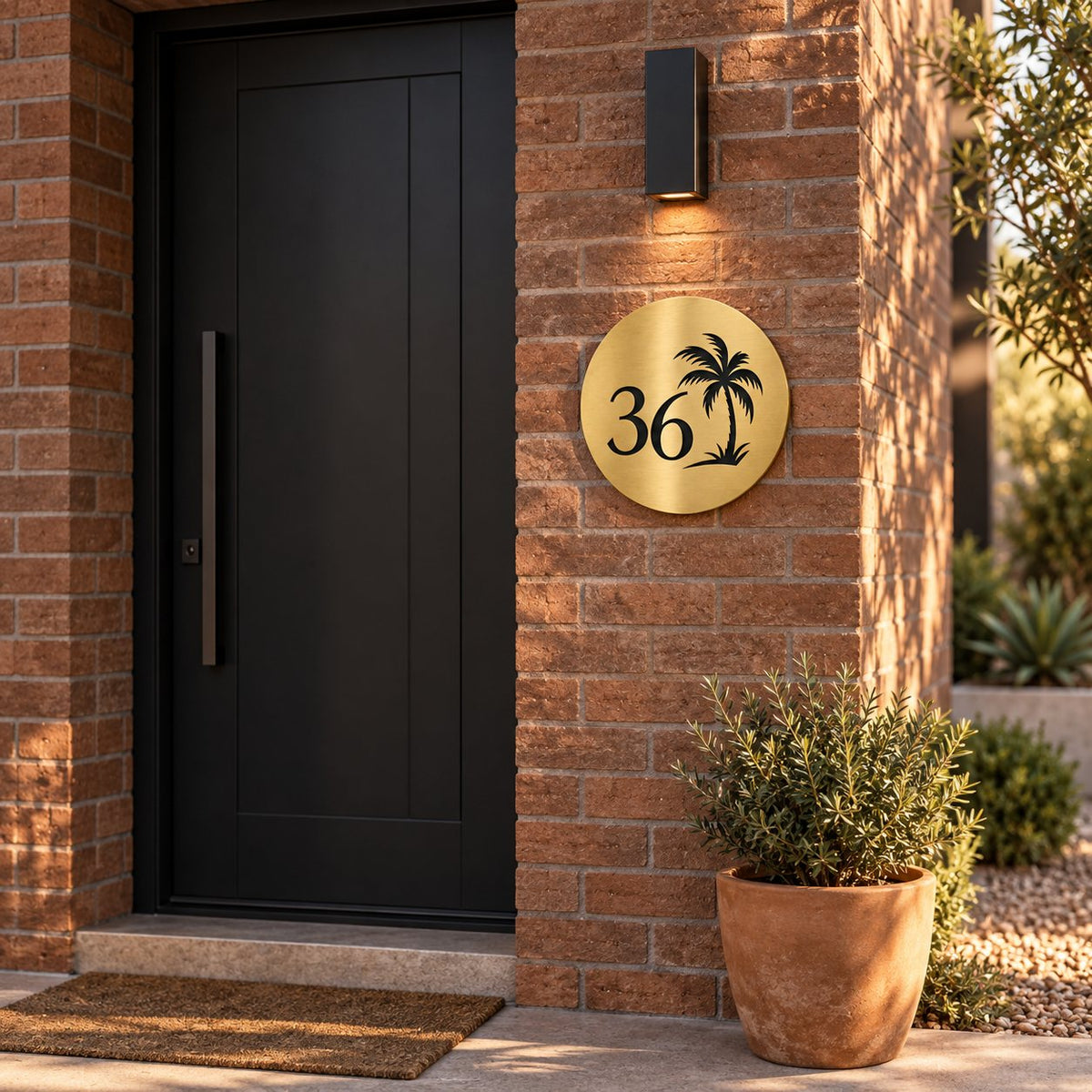 Brushed gold round house number sign with the number 36 and a palm tree cut through to black, The Mooloolaba style, on a red brick wall under a wall light.
