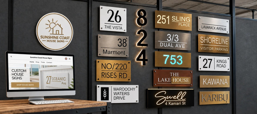 A display of custom illuminated house signs mounted on a dark gray wall, alongside a computer monitor showing a website preview. The signs feature various styles, materials, and colors including gold, bronze, white, and black, with some signs showing glowing numbers and text.