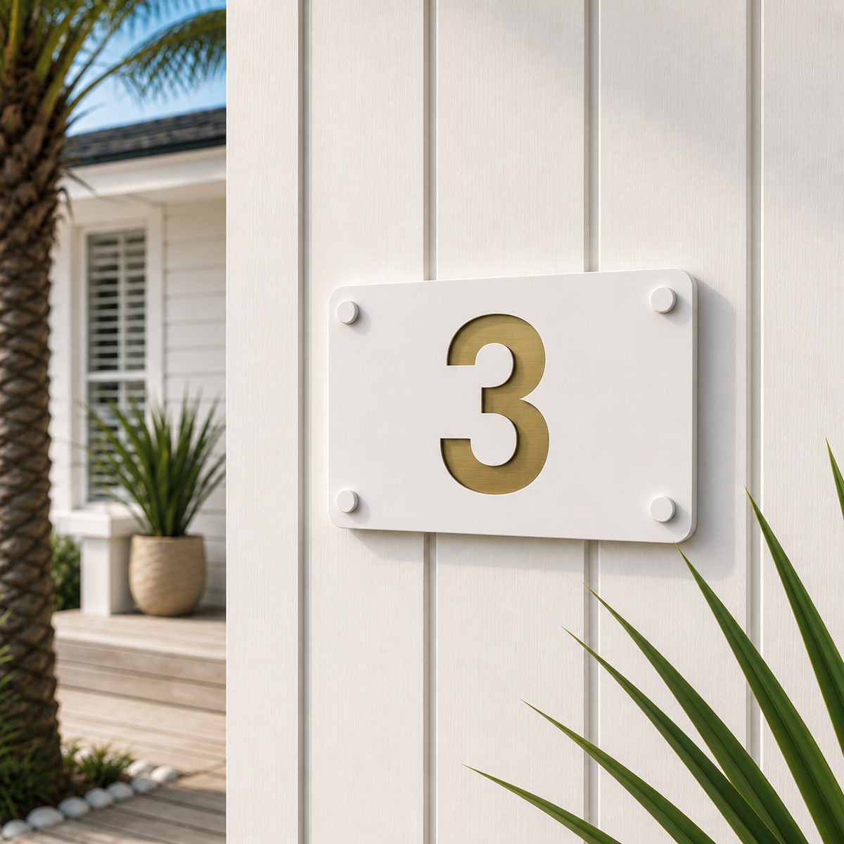 A modern white rectangular house number plaque with a gold-colored cutout of the number 3, mounted on a white vertical siding wall. A palm tree and a house exterior are visible in the background.